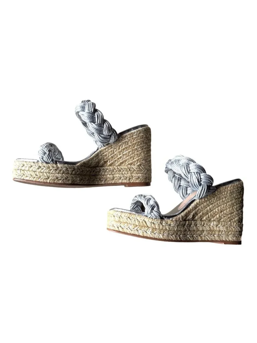 Stuart Weitzman Silver Braided Rope Strap Espadrille Wedge Sandals Sz 8 Spain